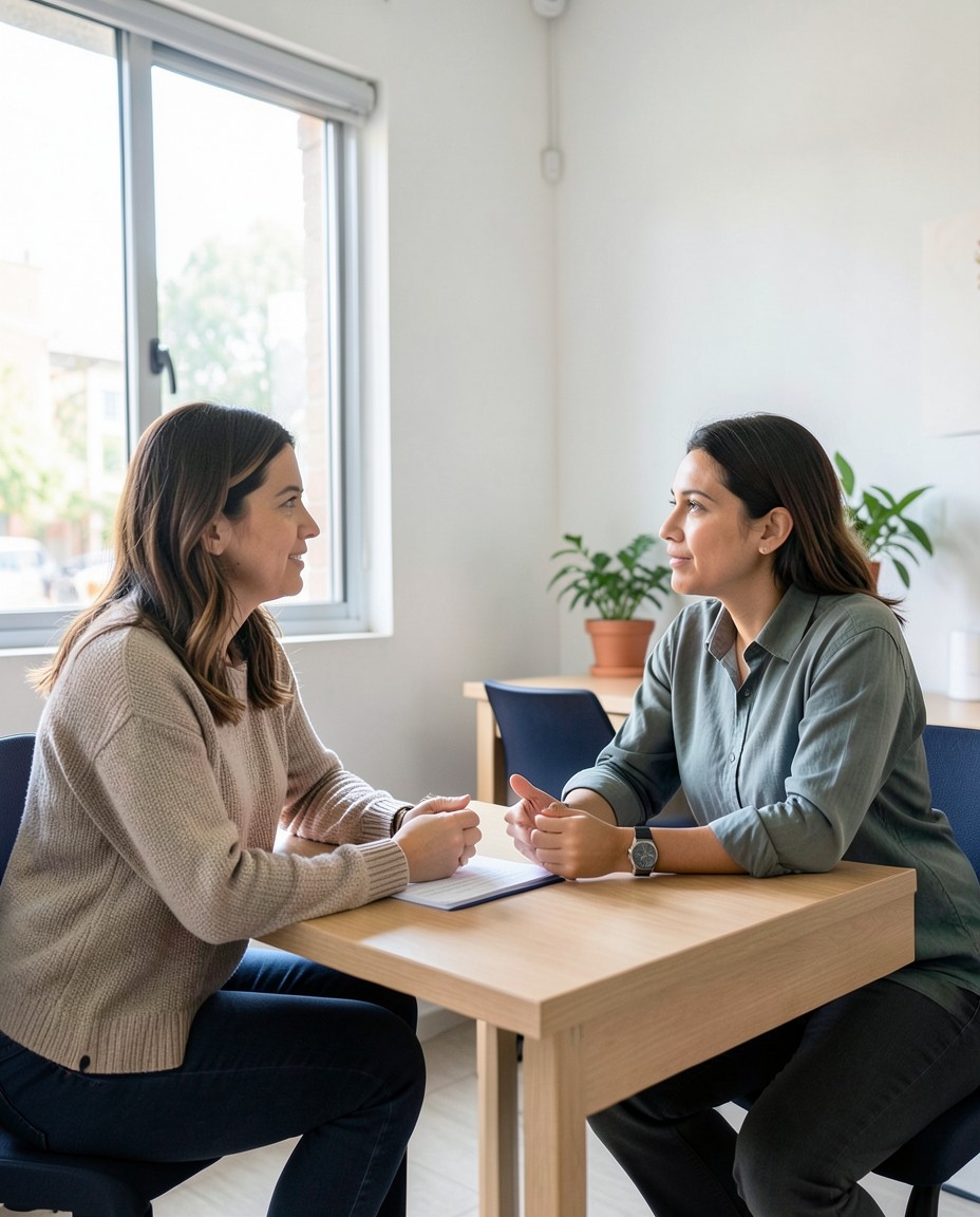 Una persona conversa con una asesora para revisar sus opciones financieras